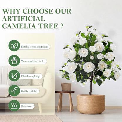 Lunmon 2 Pack 3ft Artificial Camellia Plants Tree 36" Faux Camellia Flower with Spike UV Resistant Realistic Fake Floral Blooming Bush for Indoor Outdoor Front Door Porch Backyard Garden, Purple
