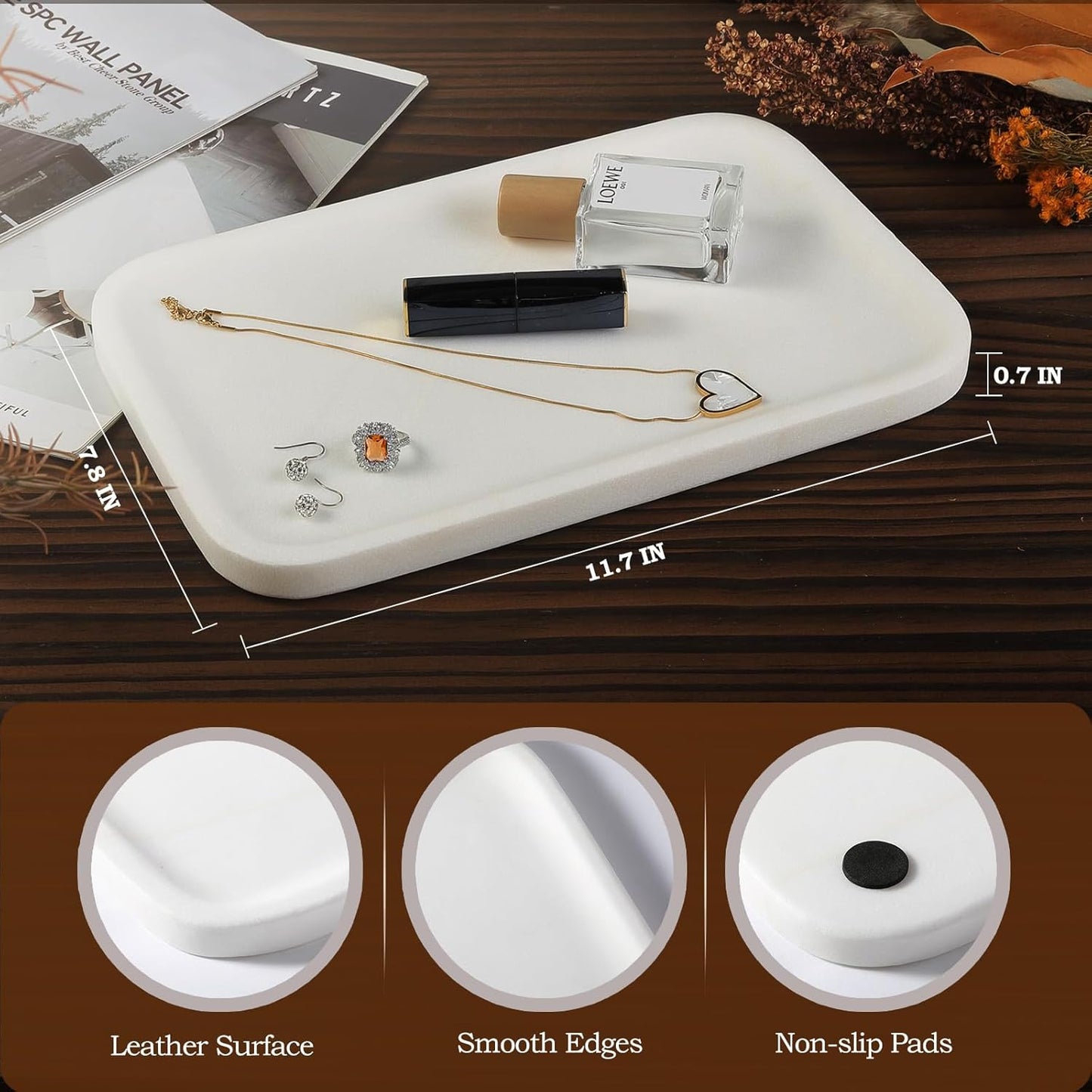 Koville Romano Travertine Tray, 12"x8" Natural Stone Vanity Tray for Countertop Bathroom Kitchen Dresser, Decorative Marble Catchall Trays for Perfume Jewelry, Rectangular Serving Tray(Beige)