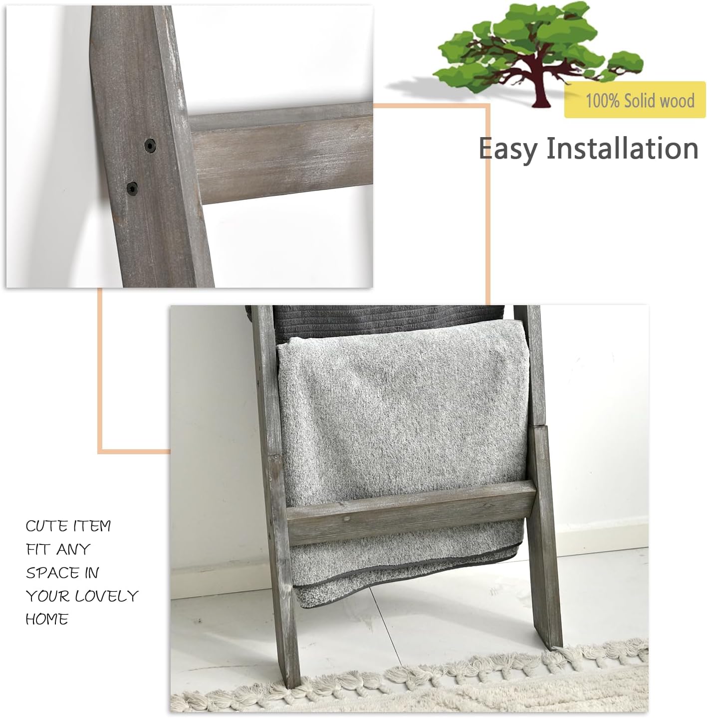 FUIN 5ft (58") Wood Blanket Ladder Living Room Decorative Wall Leaning Farmhouse Quilt Display Holder Storage Rustic Wooden Towel Rack for Bathroom, Brown