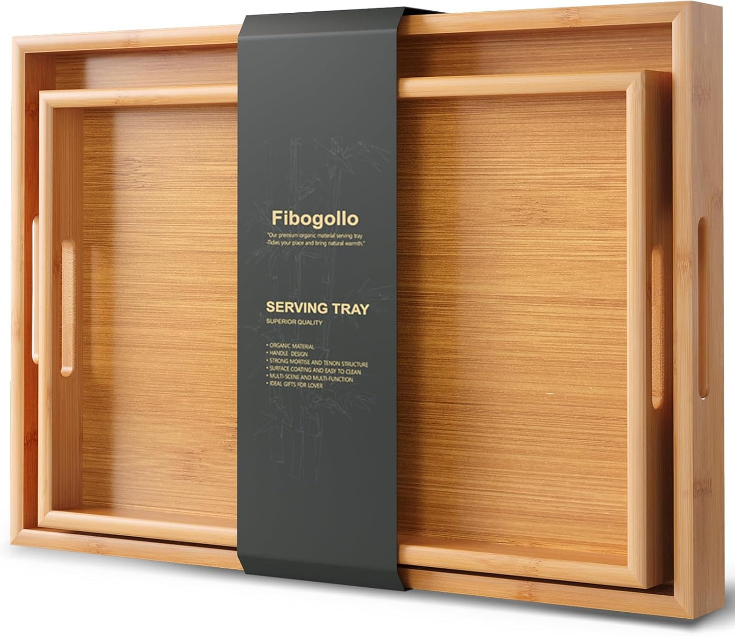 Fibogollo Bamboo Set of 2 Serving Tray with Handles,Decorative Trays Platter,Breakfast Tray in Bed,Food Drinks Tray for Eating,Working,Storing(Brown)