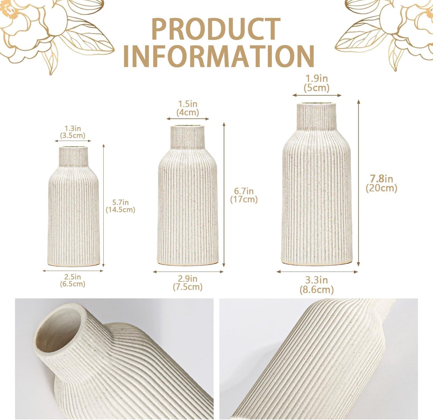 Bohemian White Ceramic Vase - for Pampas Grass, Mantel, Bookshelf, Entryway and Living Room Decor (White, 7in)