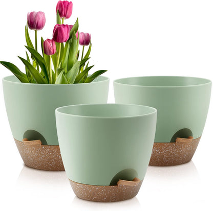 QRRICA Plant Pots 10/9/8/7.5/7 Inch Self Watering Pots, Set of 5 Plastic Planters with Drainage Holes and Saucers,Plastic Flower Pots,Nursery Planting Pot for Indoor Out Door Plants（Green）