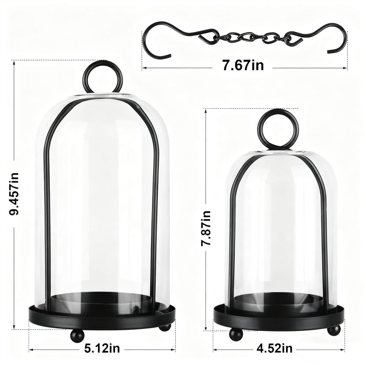 Glass Hurricane Candle Holder Decorative Gold Candle Lantern, Pillar Candlestick Holders Set of 2, Hanging Metal Holder Modern Table Centerpieces, Antique Brass