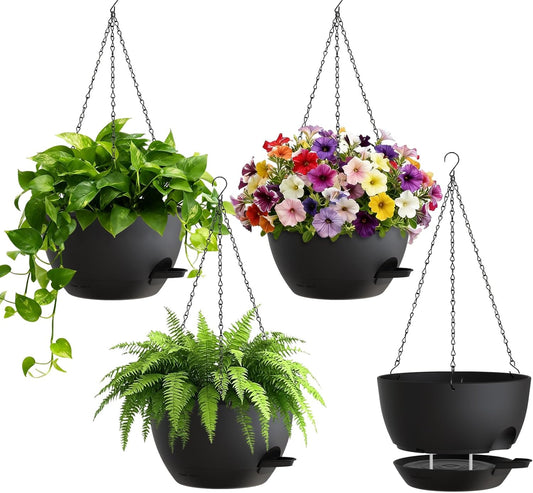 UOUZ Set of 3-10 Inch Self Watering Hanging Planters for Indoor Outdoor，Hanging Plant Pots with Drainage & Removable Tray, Hanging Pots Holder for Ivy, Pothos, Ferns, Balcony & Patio, Black with Brown