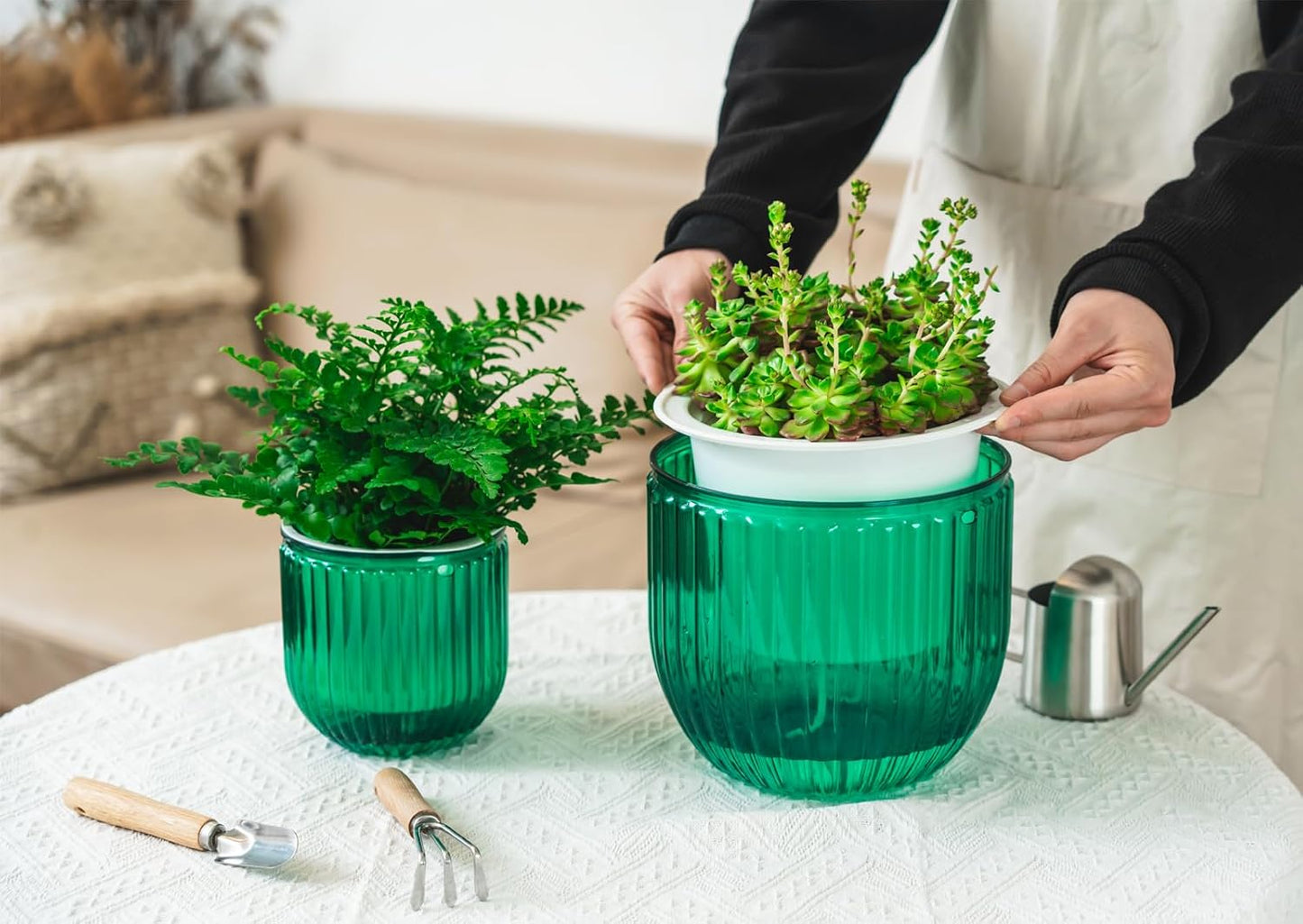 Melphoe 2 Pack Self Watering Hanging Planters Indoor Flower Pots, 6.5 Inch Outdoor Hanging Basket, Plant Hanger with 3Hooks Drainage Holes for Garden Home (Emerald)