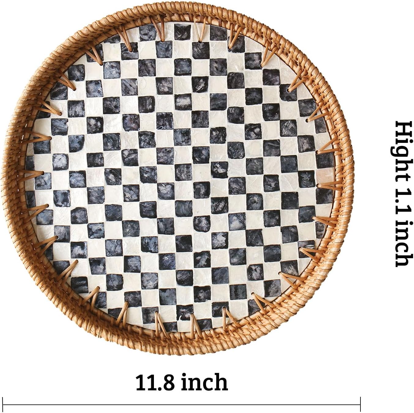 Round Rattan Tray with Mother of Pearl Inlay, Decorative Wicker Serving Tray with Wooden Base, Woven Basket Trays for Bread Fruits Coffee, Leaf