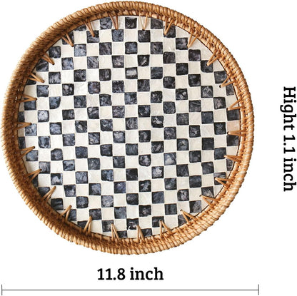 Round Rattan Tray with Mother of Pearl Inlay, Decorative Wicker Serving Tray with Wooden Base, Woven Basket Trays for Bread Fruits Coffee, Leaf