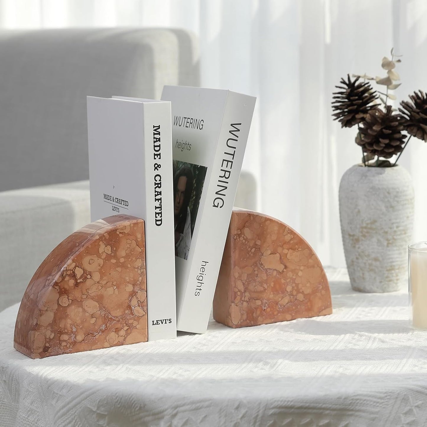 Karibiber Travertine Bookends for Heavy Books, Marble Decorative Bookends for Shelves, Heavy-Duty Stone Book Ends for Hardback Book & Cookbooks, Unique Book Stopper & Holder, Travertino Italy