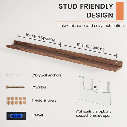 FLYJOE Picture Ledge Shelf, Floating Shelves Set of 2, 48 Inches Long Large Nursery Book Shelves for Toys Storage, Kids Bookshelf Wall Mounted for Living Room Bedroom Decor Books Photo Frames, Walnut