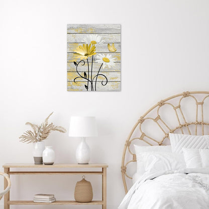 HVEST Farmhouse Floral Wall Art for Living Room, Blue and White Daisy Flower and Butterfly on Rustic Wood Board Canvas Wall Art Framed Artwork Ready to Hang for Bathroom Bedroom Decor, 16L X 12W