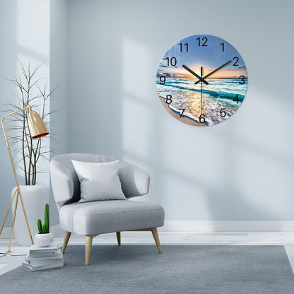 Beach Wall Clock Battery Operated 12 Inch Glass Wall Clock Non Ticking Analog Blue Wall Clocks for Bedroom Living Room Office Decor