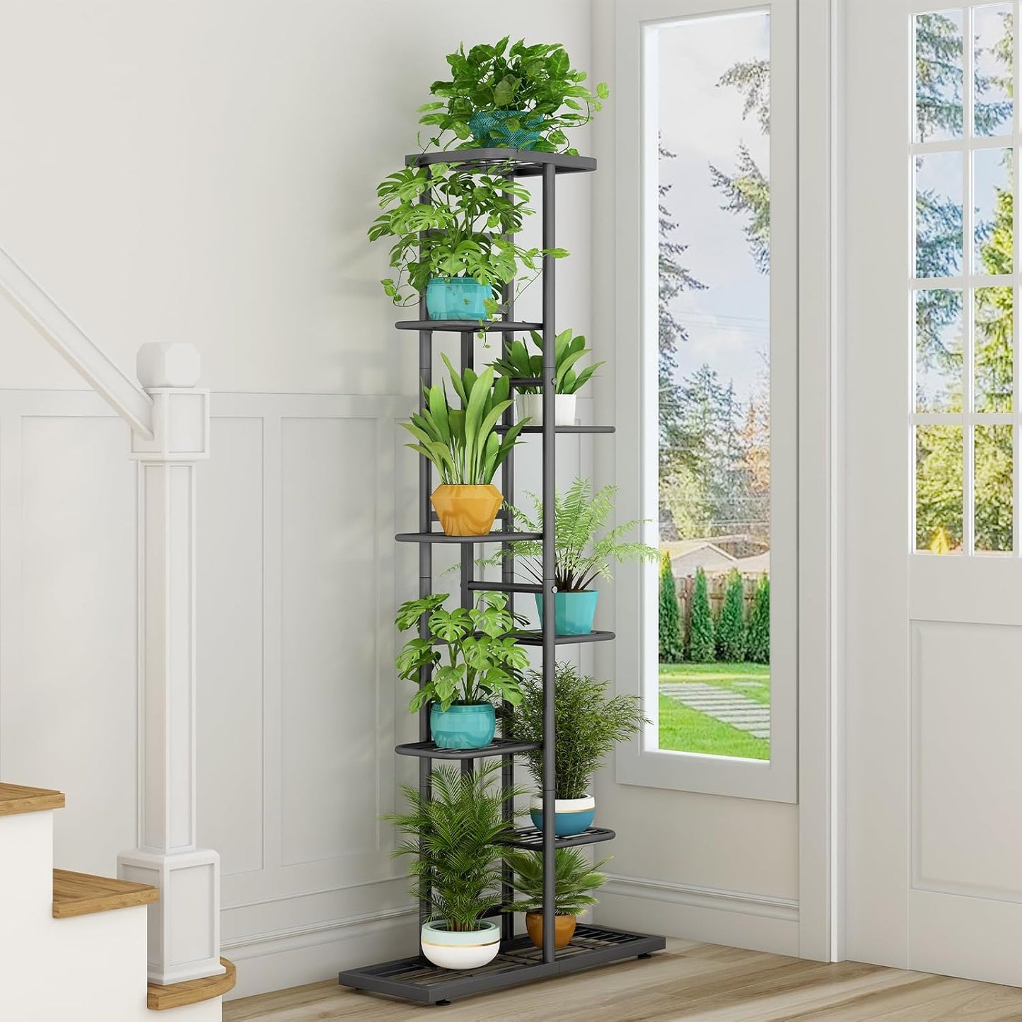 LINZINAR Plant Stand Indoor Outdoor Corner 4 Tier Metal Plant Shelf Patio Plant Rack for Garden Corner Balcony Living Room