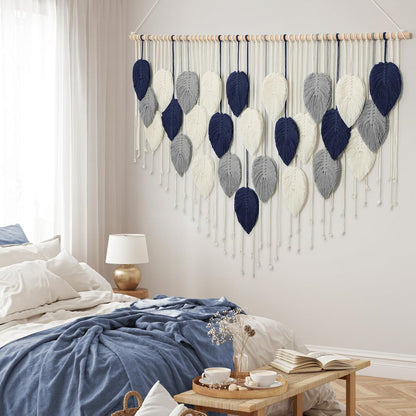 Weldomcor Macrame Wall Hanging Leaf Woven Tapestry Bohemian Chic Wall Hanging Feather Large Handmade Wall Art Decor for Bedroom Living Room Apartment Ornament, 39 inch