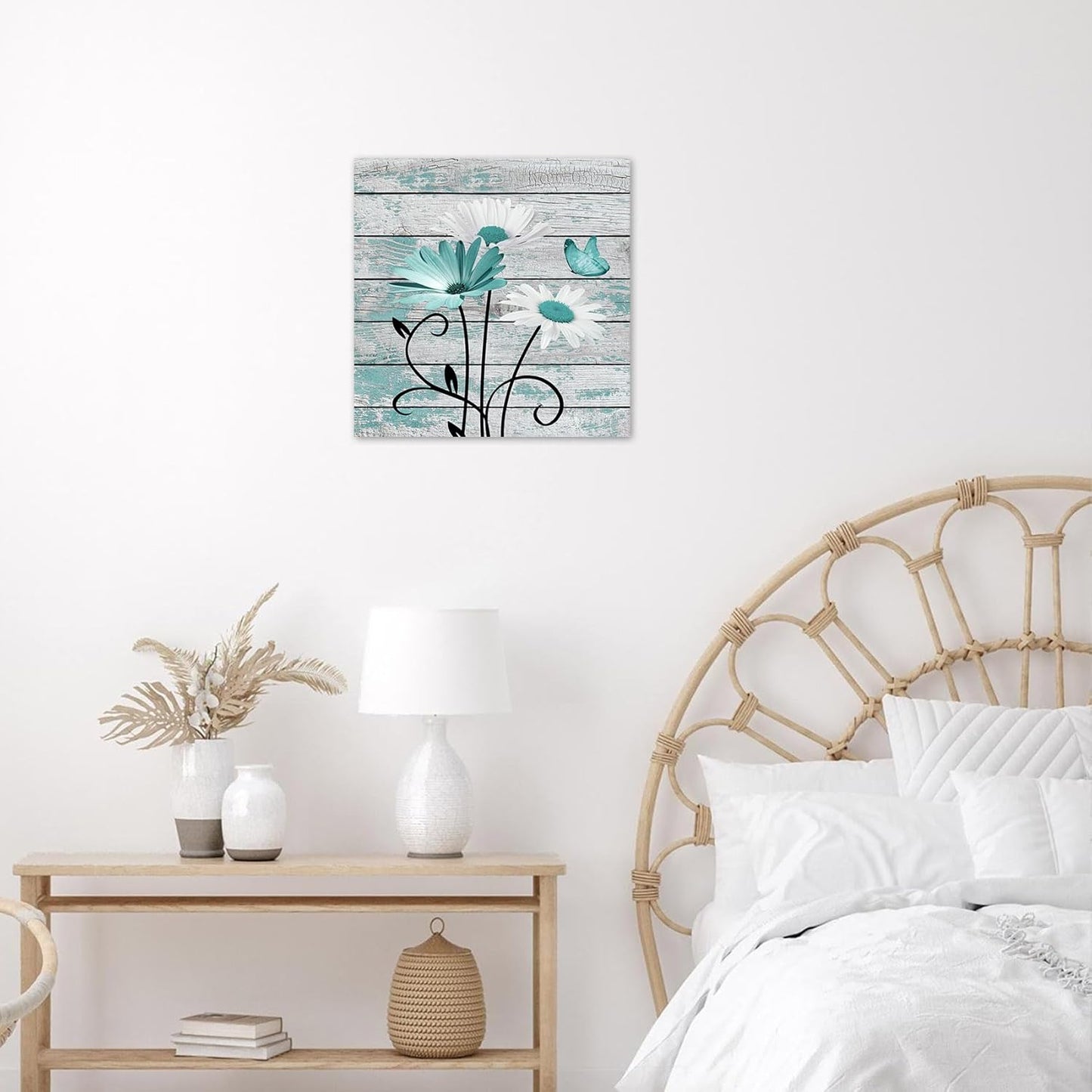HVEST Farmhouse Floral Wall Art for Living Room, Blue and White Daisy Flower and Butterfly on Rustic Wood Board Canvas Wall Art Framed Artwork Ready to Hang for Bathroom Bedroom Decor, 16L X 12W