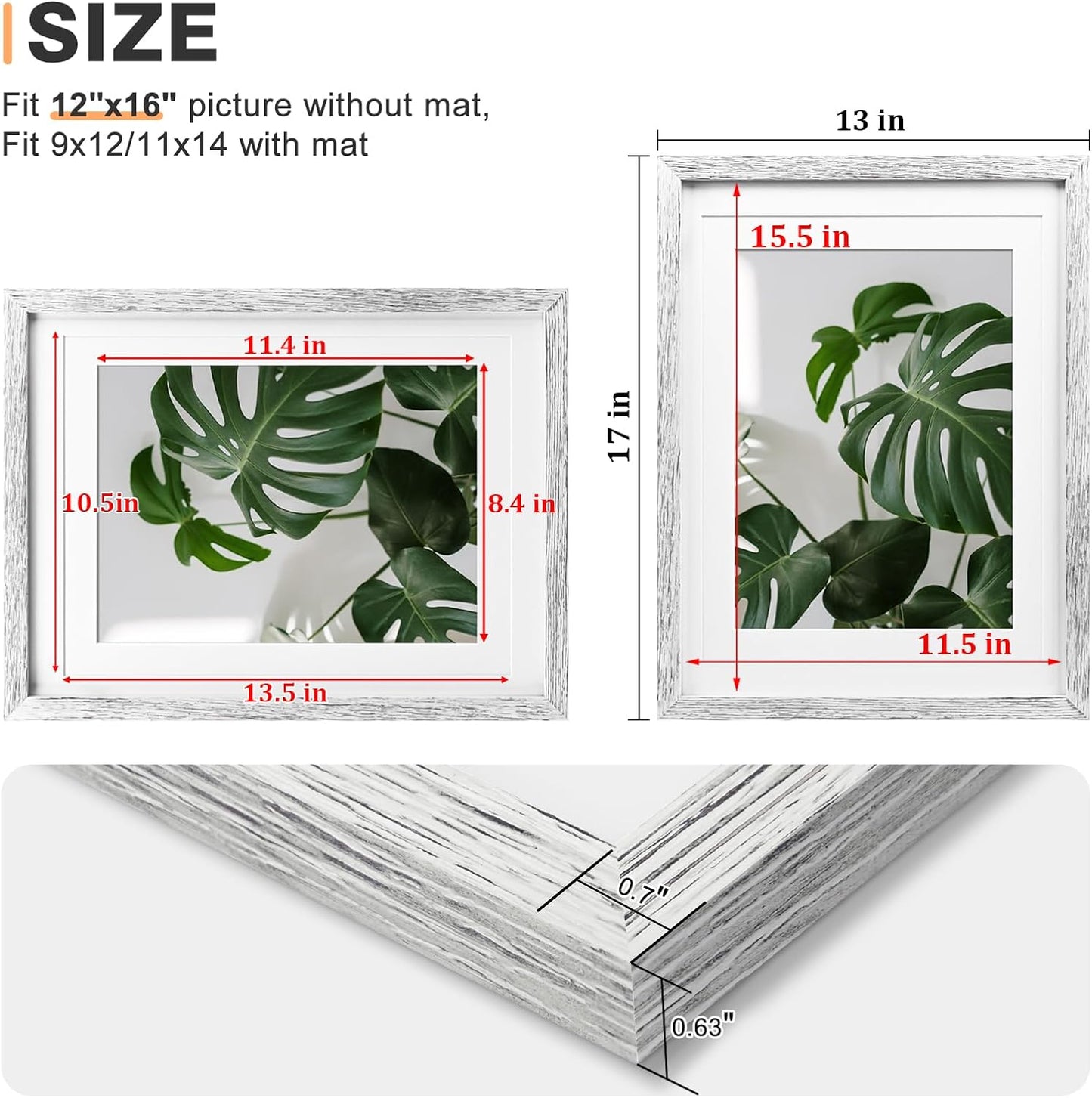 Egofine 12x16 Picture Frame Black, Covered by Plexiglass Made of Solid Wood, Display Pictures 9x12 and 11x14 with Mat or 12x16 Without Mat, for Wall Mounting Photo Frame - Colors B