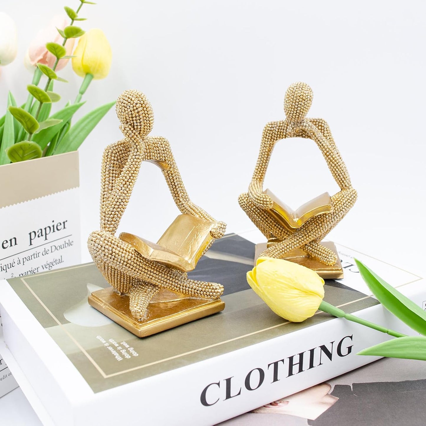 Sparkling Gold Reading Women Statue, Thinker Sculptures, Abstract Art Ornament, Modern Aesthetic Figurine Decoration for Home Living Room Bedroom Office Shelf Table Desk Bookshelf Decor