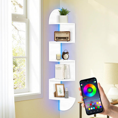 Corner Shelf Wall Mounted, 5 Tier Corner Bookshelf with Light, Corner Floating Shelves Display Shelf Stand for Bedroom, Bathroom, Living Room, Kitchen, Home, Office (Black)