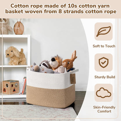 Goodpick Woven Storage Basket, Cotton Rope Basket for Dog Toys, Books, Stylish Gift Basket with Handles, 13 x 10 x 9 Inches Square Baskets for Organizing, Brown and White