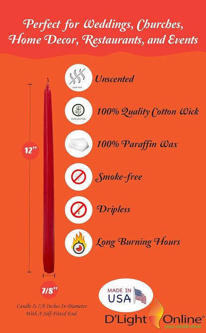 D'light Online White Taper Candles, 10 Inch Premium Quality Candles Hand-Dipped Tapered Candles, Dripless, Smokeless and Unwrapped Bulk Pack for Events - Set of 12 (10 Inch, White)