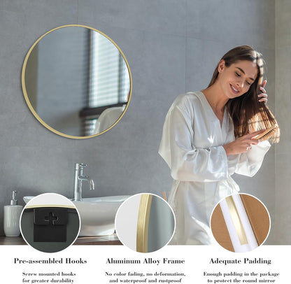 NEWBULIG 20IN Round Bathroom Wall Mirror, Modern Vanity Mirrors for Over Sink, HD Glass Decorative for Entryway, Bedroom & Living Room, Gold