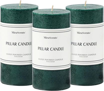 3x4 inch Green Pillar Candles Set of 3, Unscented Pillar Candle, Dripless and Smokeless Large Candles, Candle for Home Decor, Dinner Table,Weddings, Holidays