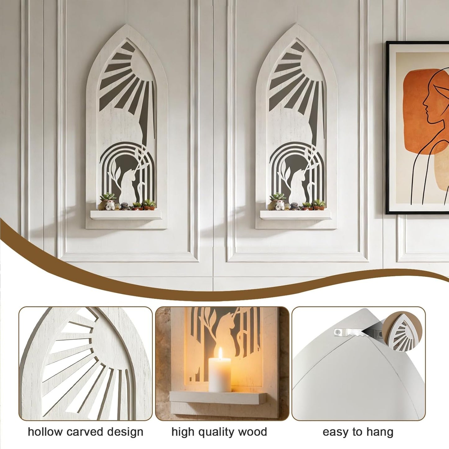 Wood Wall Sconce Candle Holder Set 2, Rustic Wall-Mount Candle Holders, Farmhouse Hanging Wall Décor, Carved Wood Frame, Mirrored Candle Holder (Distressed White)
