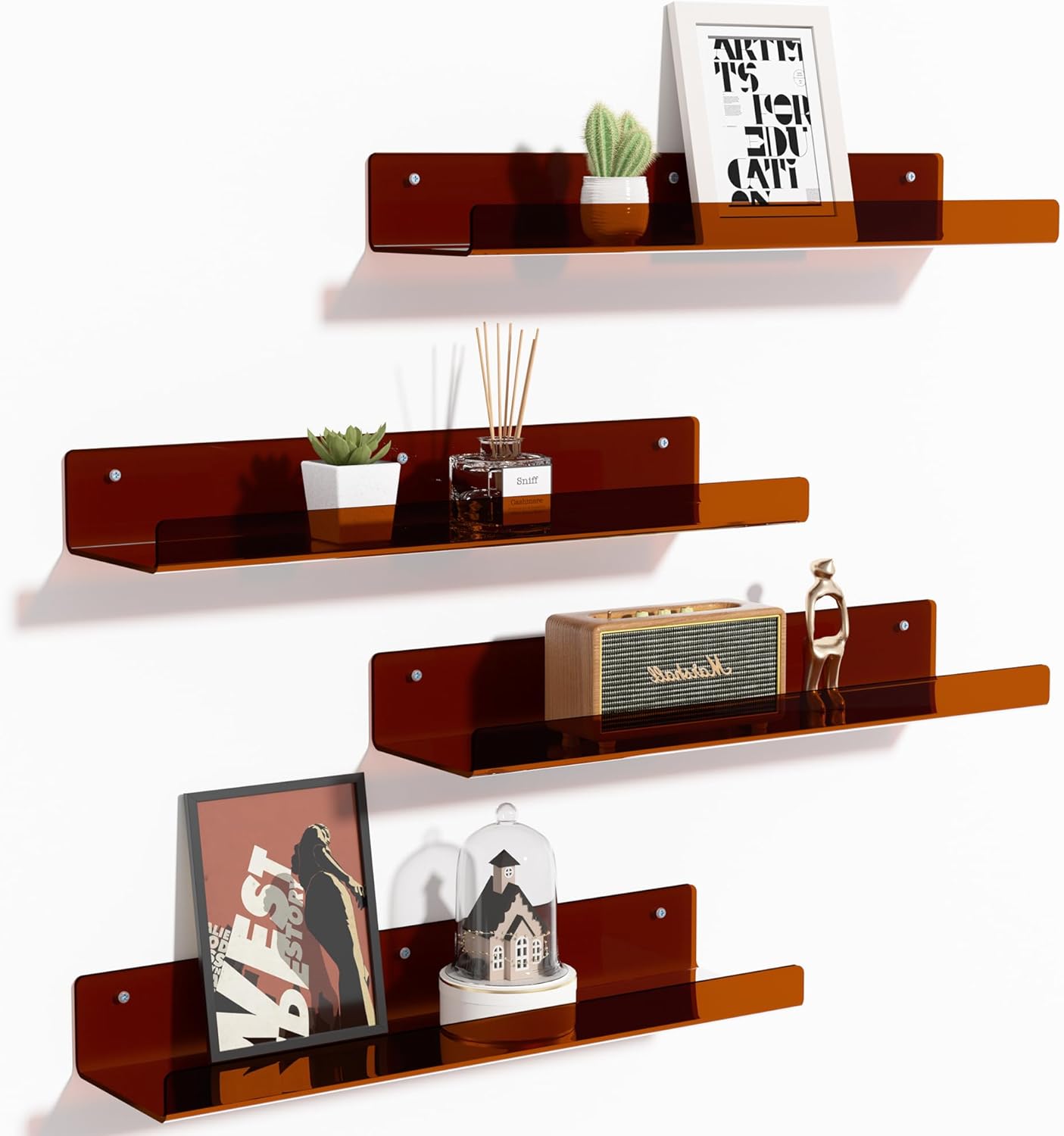upsimples Acrylic Shelves for Bathroom Storage, 15" Floating Shelves Wall Organizer for Perfume, Make up, Skincare, Kids Bookshelf for Bedroom, Nursery, Living Room Decor, Clear, 4 Pack