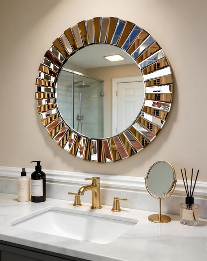 Round Wall Mirror Decorative Sunburst Silver-Brown Crystal Edge 32 inch