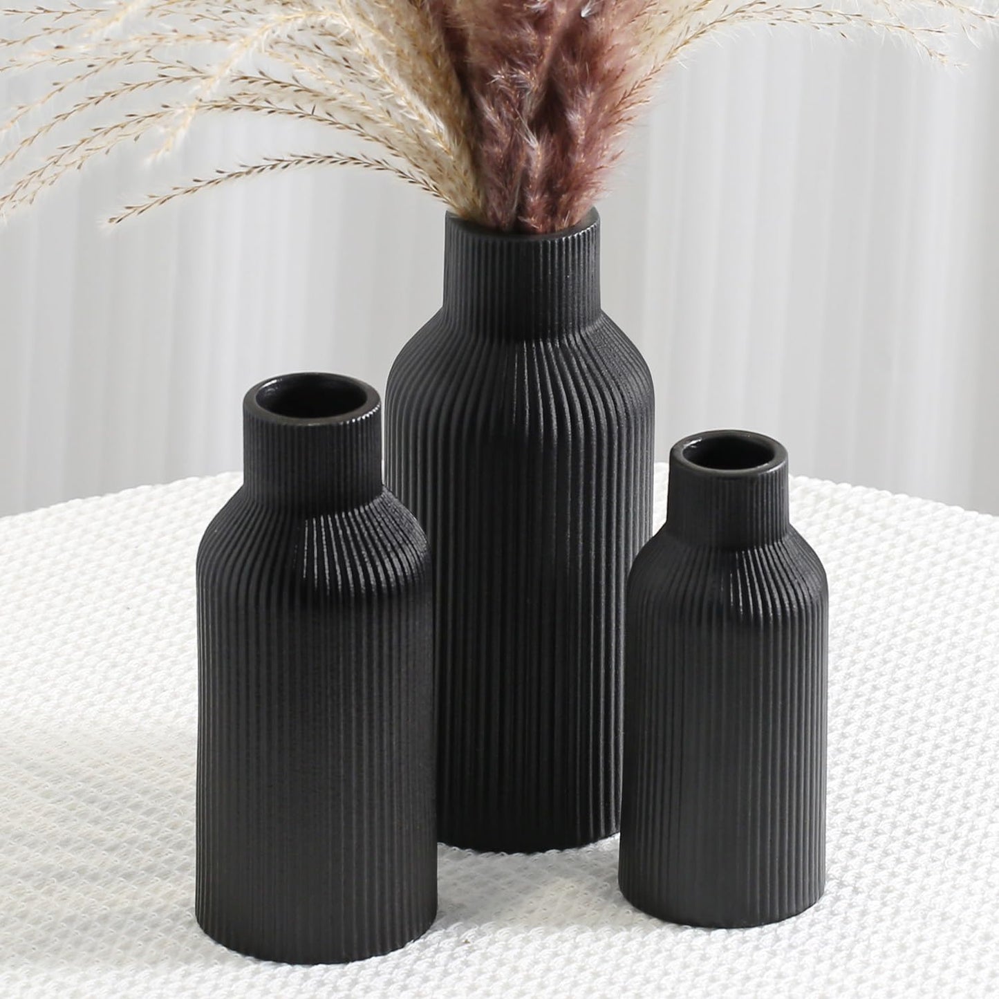 Bohemian White Ceramic Vase - for Pampas Grass, Mantel, Bookshelf, Entryway and Living Room Decor (White, 7in)