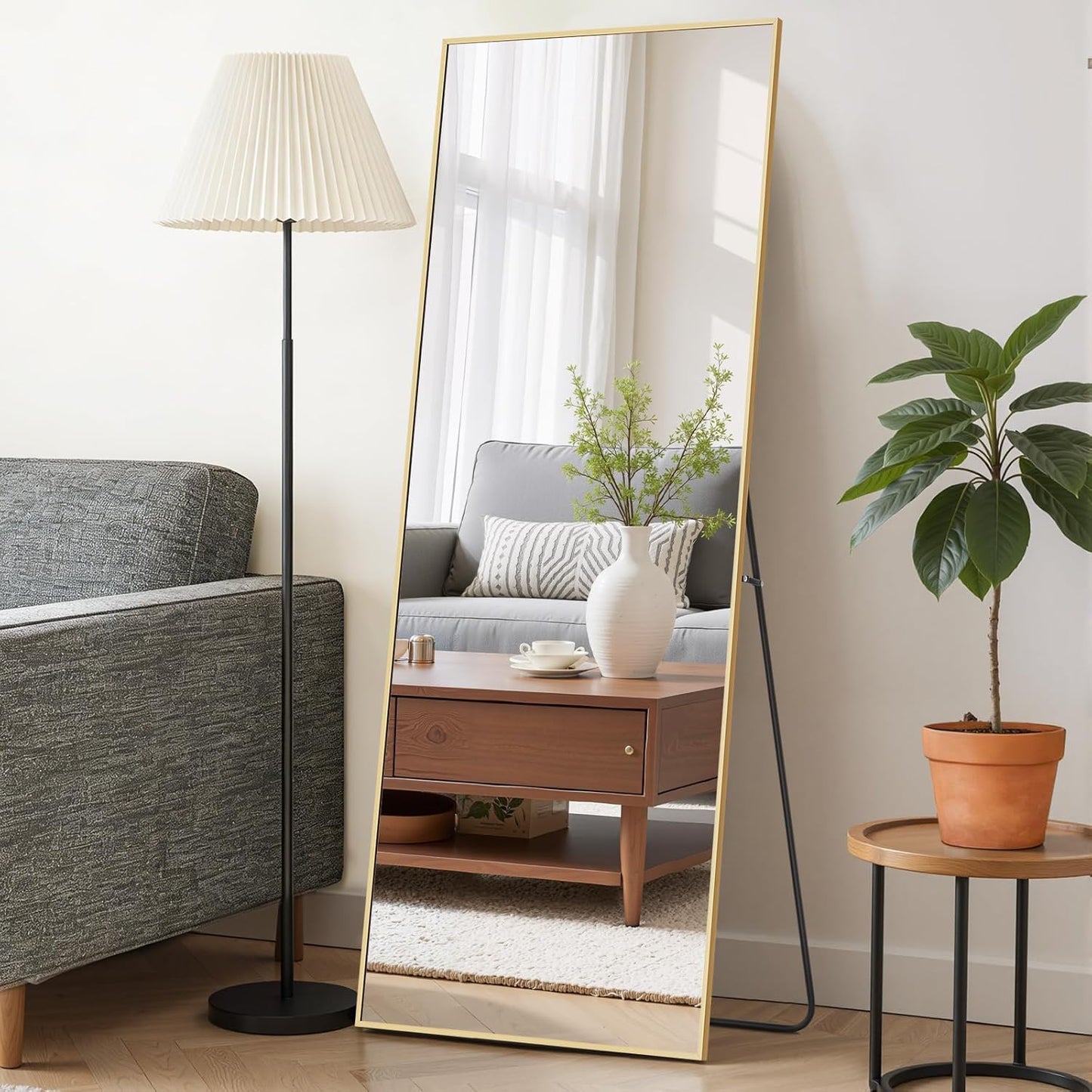 Mirror Full Length 64"x21" Full Body Floor Mirror with Stand, Shatterproof Glass, Aluminum Alloy Frame, Free Standing Wall Mounted or Leaning Arched Mirrors for Bedroom Living Room Entryway