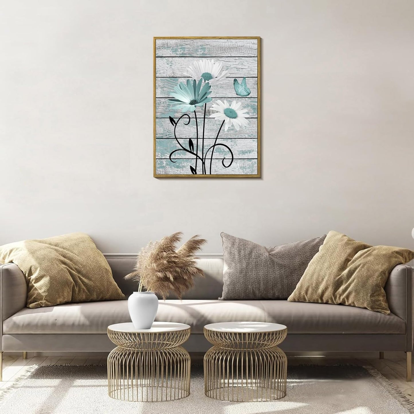 HVEST Farmhouse Floral Wall Art for Living Room, Blue and White Daisy Flower and Butterfly on Rustic Wood Board Canvas Wall Art Framed Artwork Ready to Hang for Bathroom Bedroom Decor, 16L X 12W