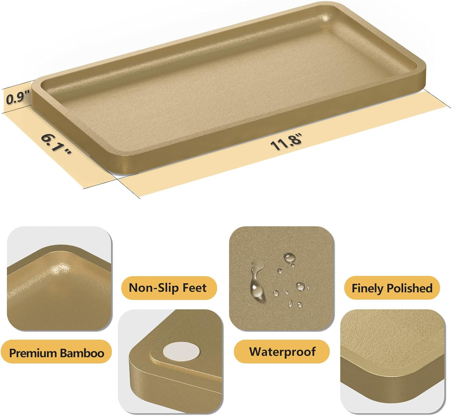 Bathroom Vanity Tray for Countertop - Bamboo Organizer Tray for Dresser Tops, Toilet, Perfume Small Decorative Tray Wood Tray for Home Decoration 11.81” L x 6.1” W x 0.79” H Black