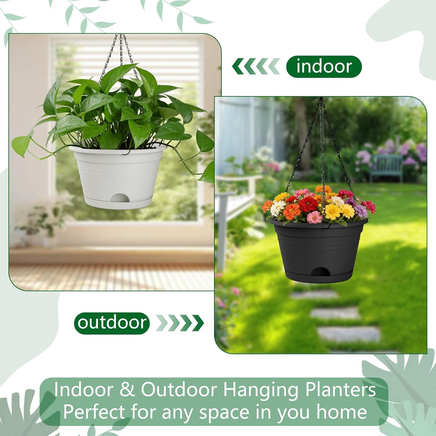 Nooulap 4 Pack Hanging Planters, 10 Inch Hanging Plant Pot with Hanger Chain & Drainage Trays, Hanging Baskets for Plants Outdoor Indoor, Flowers Pots for Home, Garden, Porch Decor (Black)