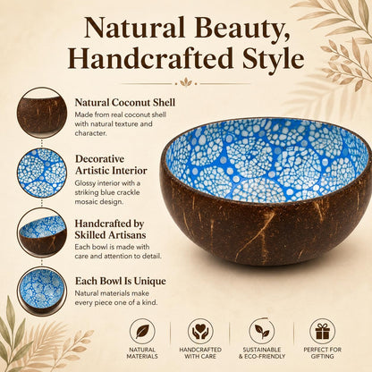 ChezMax Natural Coconut Bowl with Mother of Pearl Inlays - Key Bowl & Fruit Snack Holder (Blue-Gold)