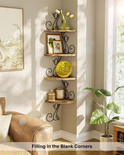 Alsonerbay Corner Shelf Wall Mount, 4 Tier Floating Shelves for Wall, Easy-to-Assemble Wall Shelves Rustic Wood Decor for Bedroom Living Room Bathroom Kitchen Office, Walnut Finish