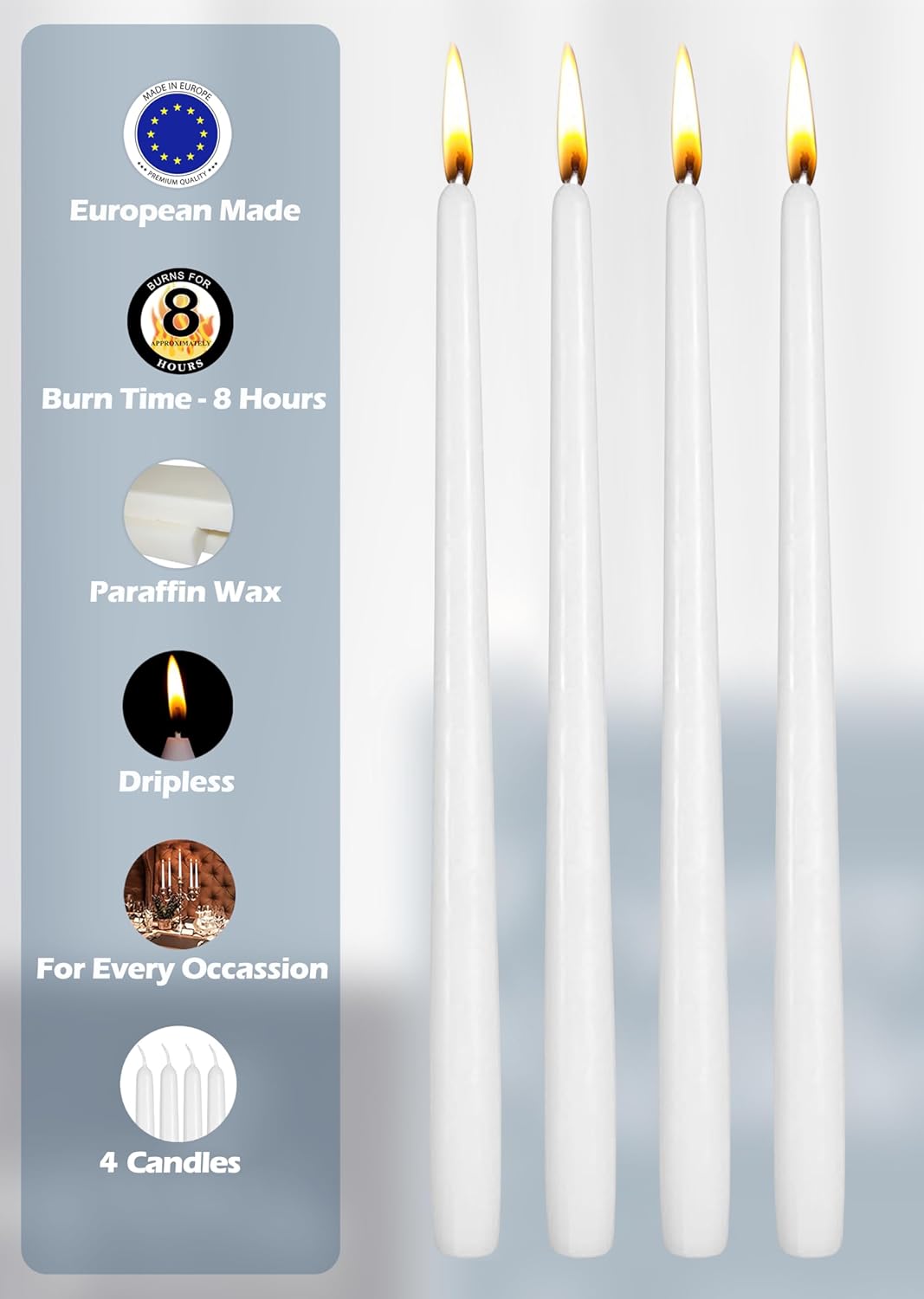 Hyoola Tall Taper Candles - 10 Inch Metallic Gold Unscented Dripless Taper Candles - 8 Hour Burn Time - 4 Pack