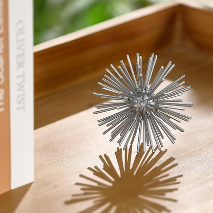 Metal Decorative Starburst Ball, 6 Inch Gold Sphere Decor, Spiky Star Burst Tabletop Sculpture, Mid-Century Modern Metal Spike Ball for Home, Living Room, Office & Shelf Decor