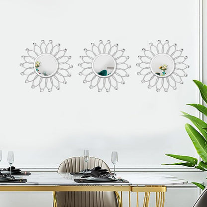 3 Pack Metal Mirrors for Wall Sunburst Wall Mirrors Home Décor Decorative Hanging Wall Art for Living Room Bedroom Entryway (Gold, Flower+Sunburst)