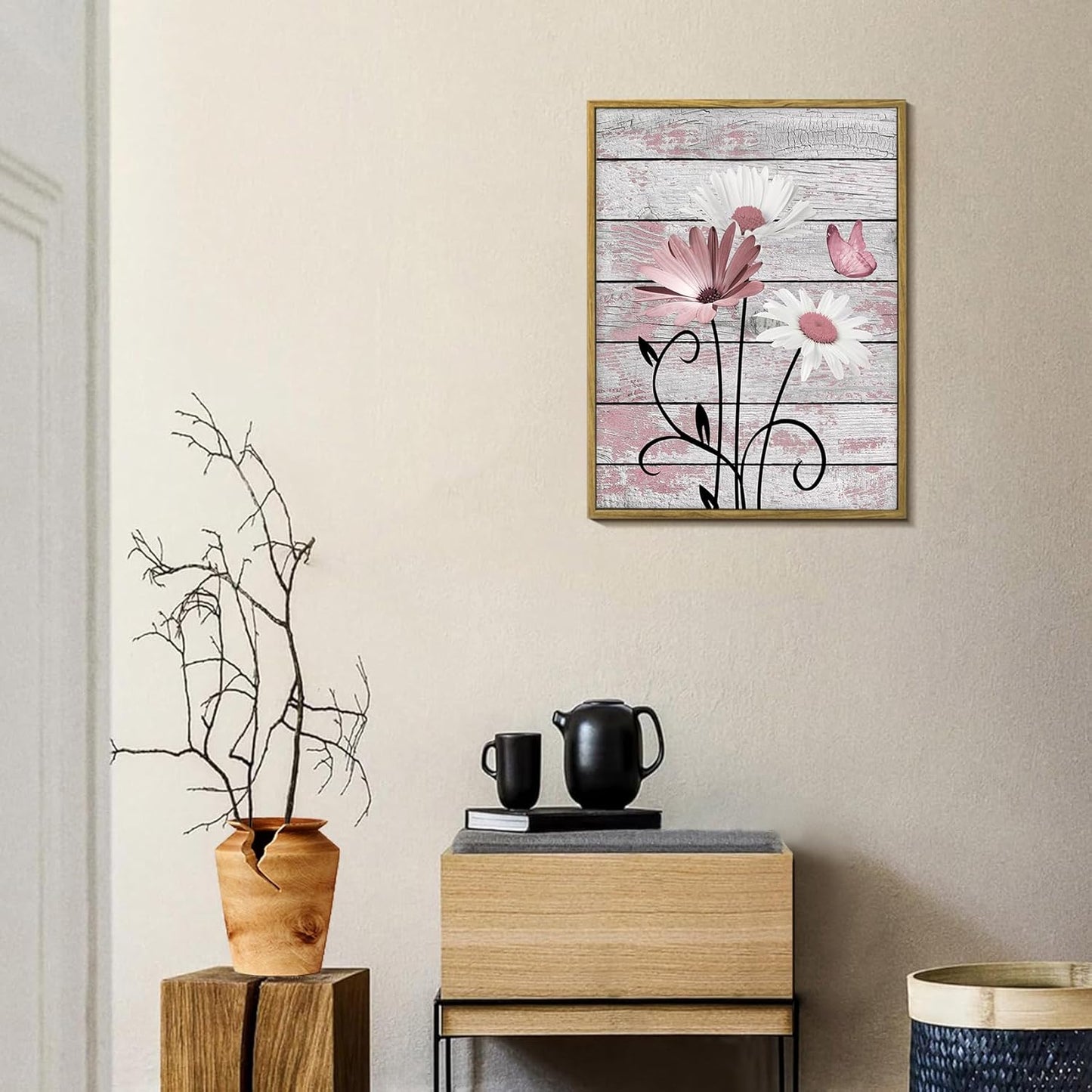 HVEST Farmhouse Floral Wall Art for Living Room, Blue and White Daisy Flower and Butterfly on Rustic Wood Board Canvas Wall Art Framed Artwork Ready to Hang for Bathroom Bedroom Decor, 16L X 12W