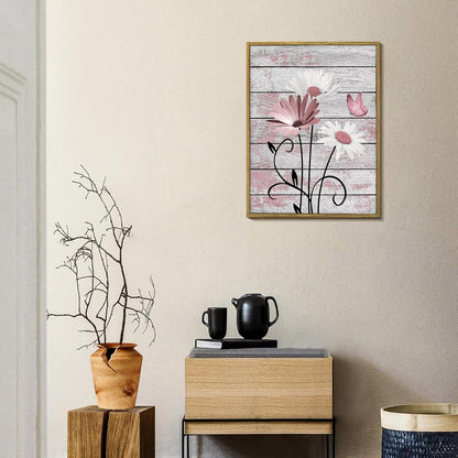 HVEST Farmhouse Floral Wall Art for Living Room, Blue and White Daisy Flower and Butterfly on Rustic Wood Board Canvas Wall Art Framed Artwork Ready to Hang for Bathroom Bedroom Decor, 16L X 12W