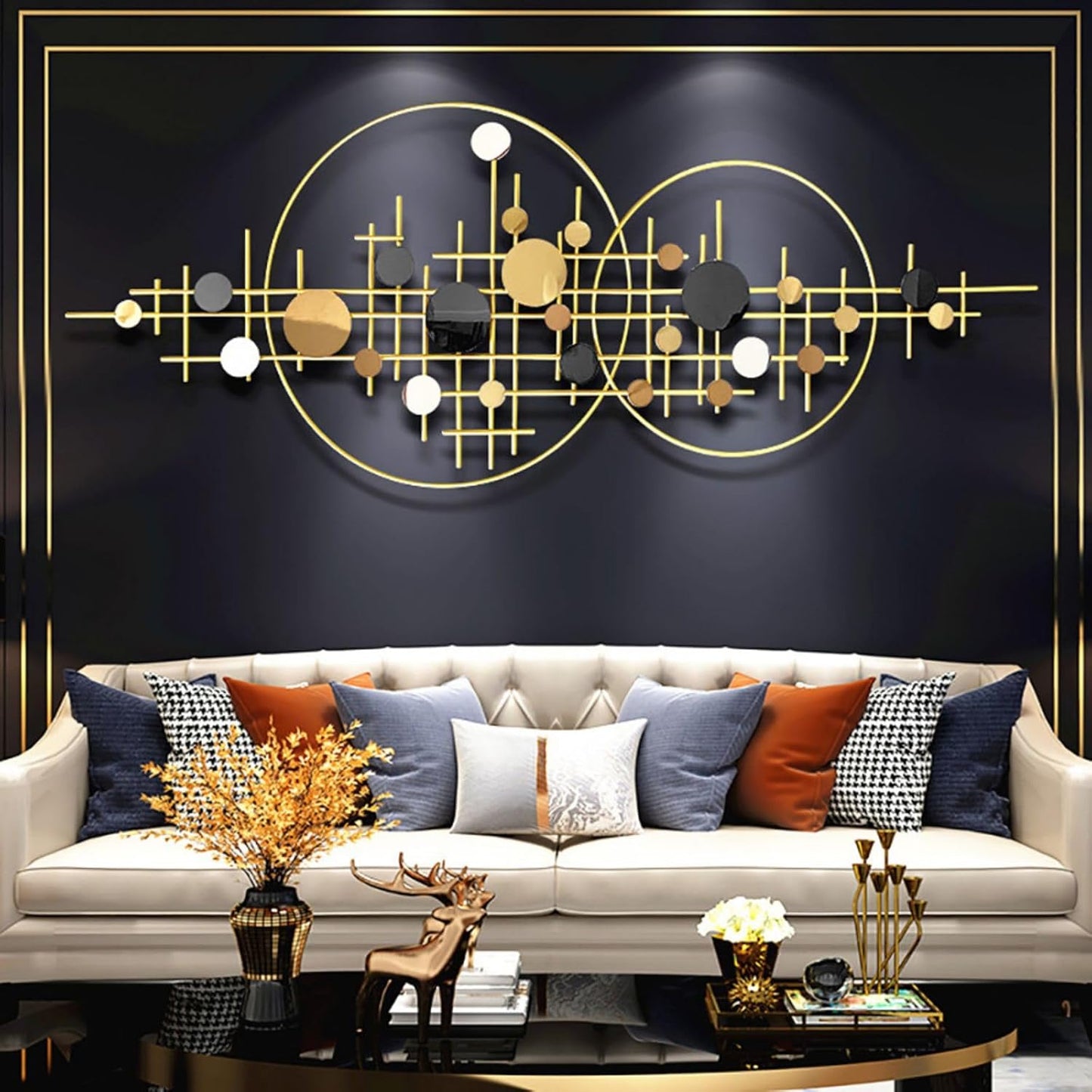 homary Large Metal Wall Art – 47.2" Modern 3D Abstract Geometric Overlapping Design, Iron Wall Decor for Living Room, Dining Room, Office