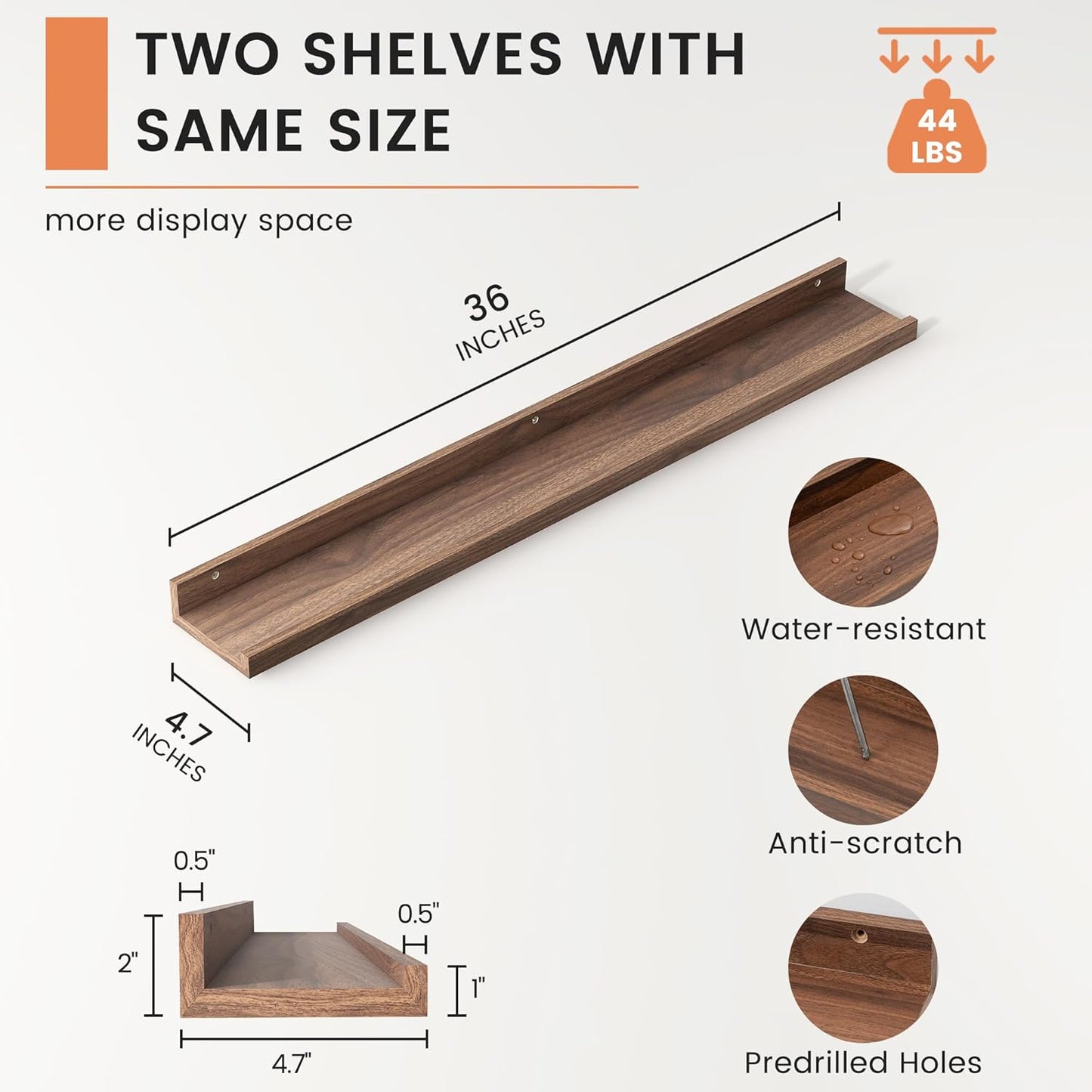 FLYJOE Picture Ledge Shelf, Floating Shelves Set of 2, 48 Inches Long Large Nursery Book Shelves for Toys Storage, Kids Bookshelf Wall Mounted for Living Room Bedroom Decor Books Photo Frames, Walnut