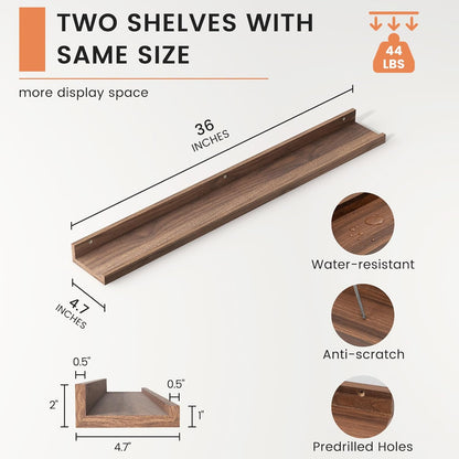 FLYJOE Picture Ledge Shelf, Floating Shelves Set of 2, 48 Inches Long Large Nursery Book Shelves for Toys Storage, Kids Bookshelf Wall Mounted for Living Room Bedroom Decor Books Photo Frames, Walnut