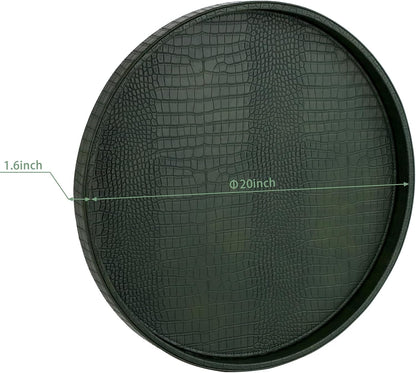HofferRuffer Round Serving Tray 20'', Elegant Faux Leather Circle Ottoman Table Tray, Serve Tea Coffee Breakfast in Bedroom Living Room Kitchen (Brown)