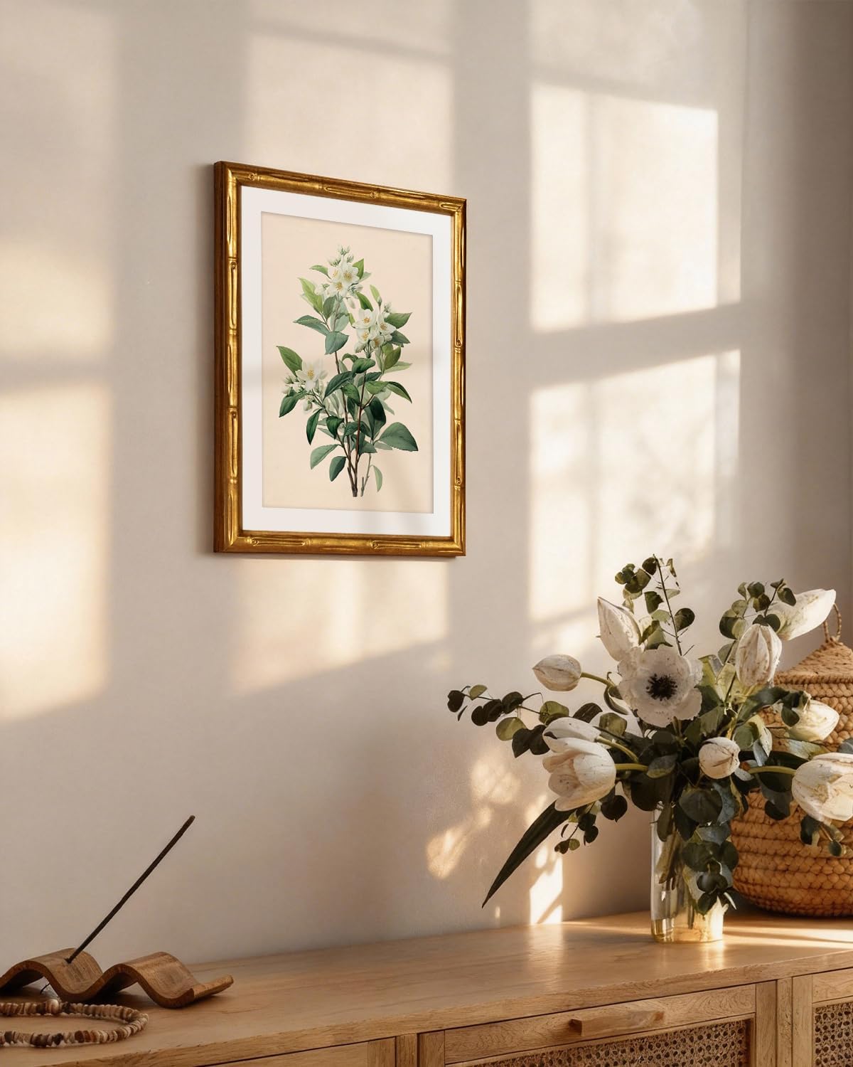InSimSea Gold Bamboo Framed Canvas Wall Art, Retro Blue Hydrangea Botanical Prints, Antique Flowers Picture Frame with Mat, Victorian Home Wall Decor for Kitchen Living Room Bedroom, 11x14inch