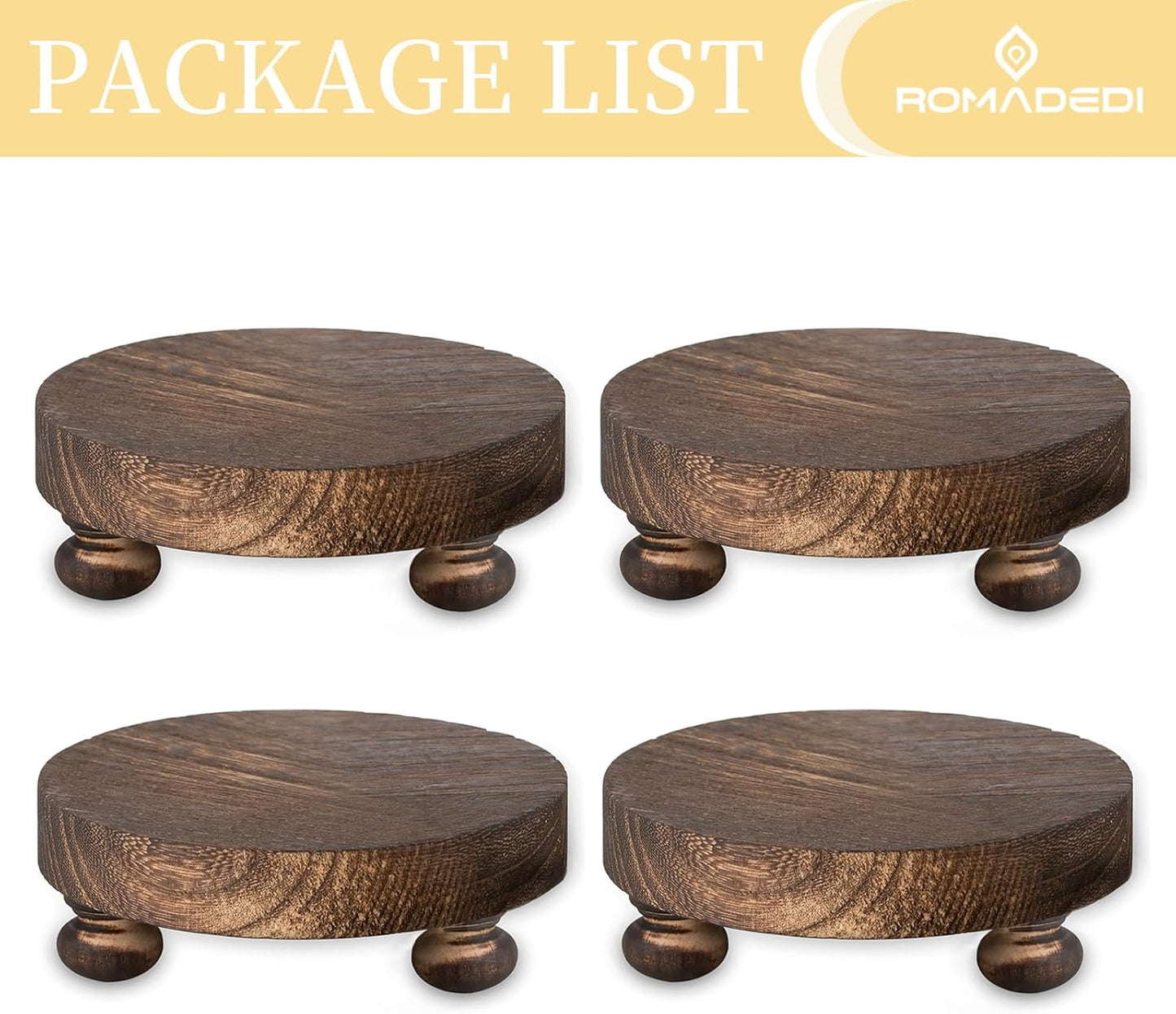 Romadedi Farmhouse Wood Riser for Display- 2 pcs Rustic Decor Mini Wooden Pedestal Decorative Round Tray for Home Table Bathroom Counter Shelf Kitchen, Brown