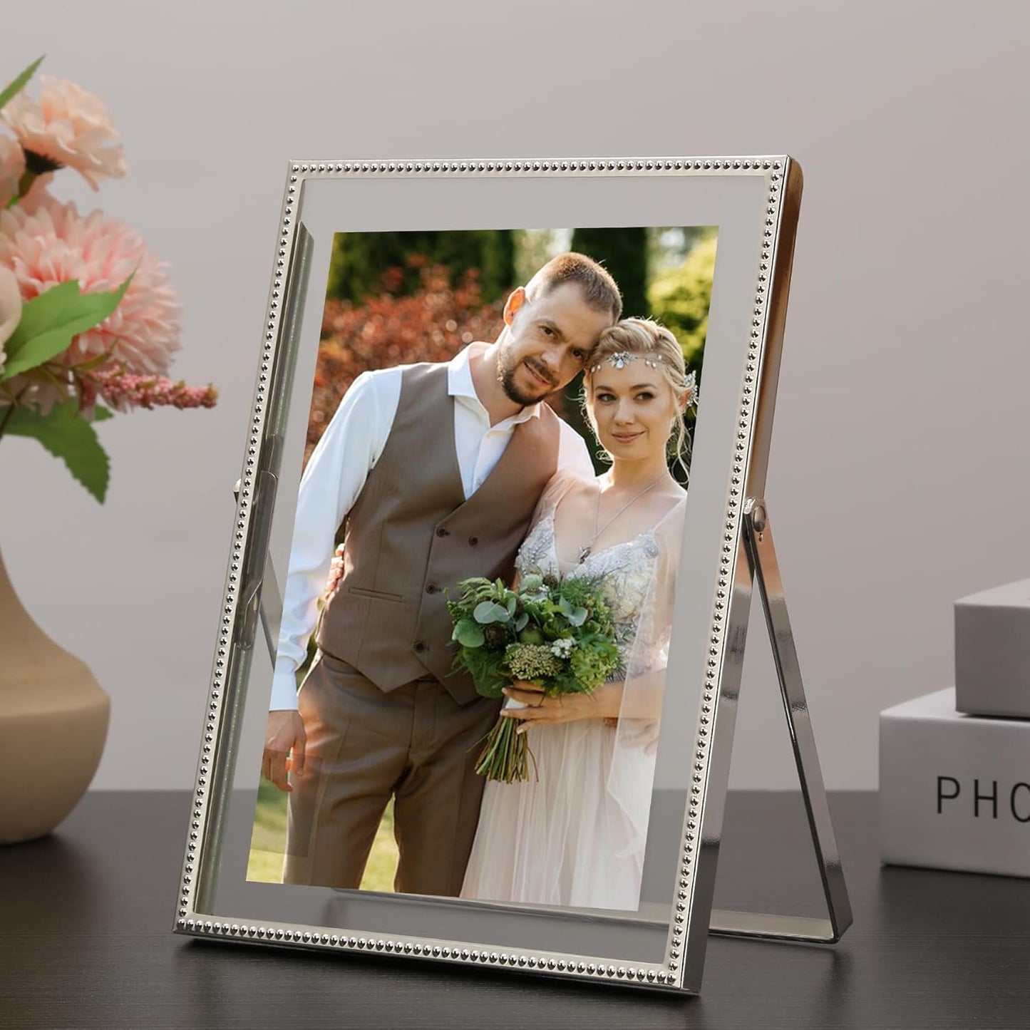 Gold 6x8'' Floating Photo Frame 2 Pack, Beaded Metal Frame Fits 3.5x5'', 4x6'' & 5x7'' Pictures, Adjustable Tabletop & Shelf Display, Elegant Wedding Gift for Home Decor