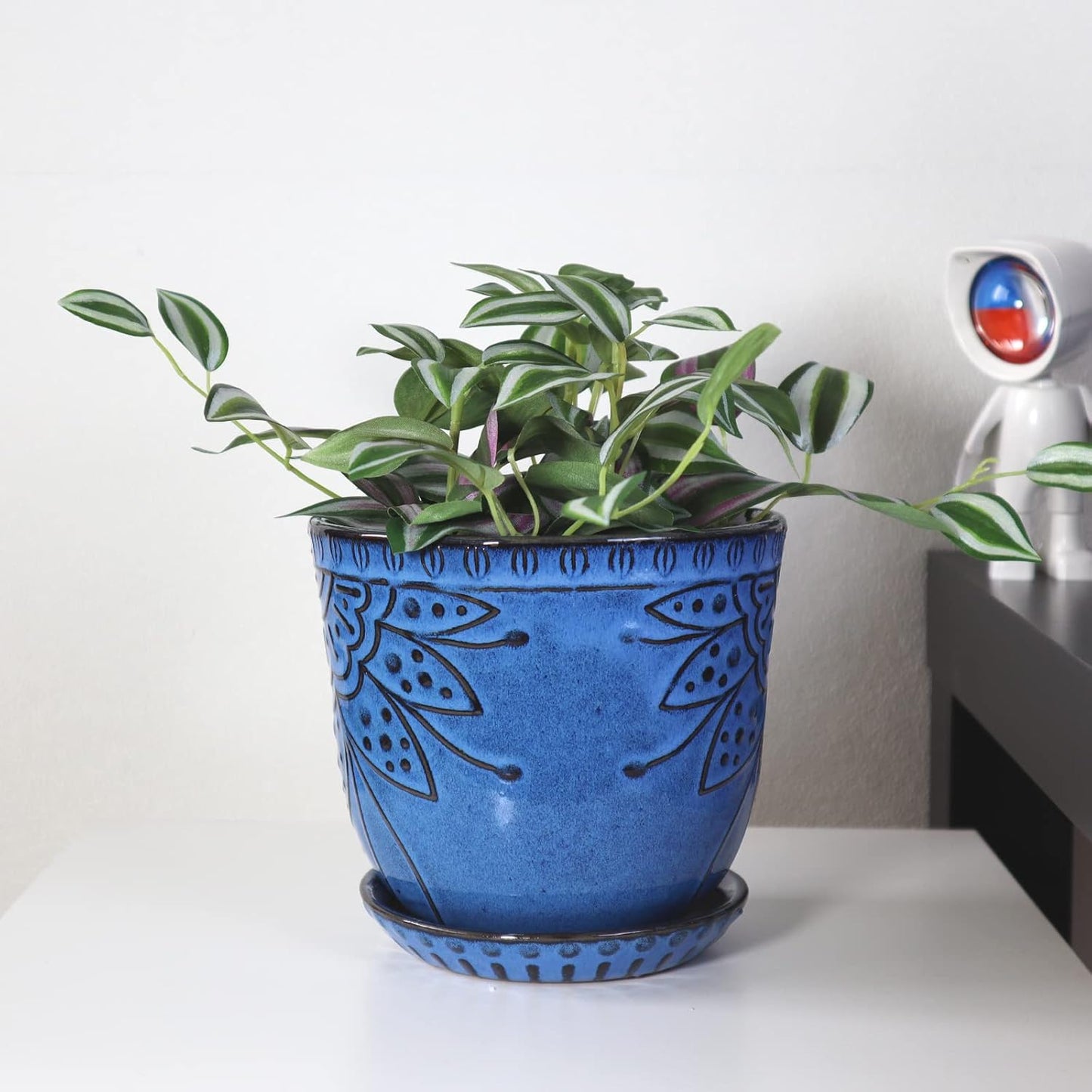 Gepege 6 Inch Beaded Ceramic Planter Set of 2 with Drainage Hole and Saucer for Plants, Indoor-Outdoor Large Round Succulent Orchid Flower Pot (Smoked Gray, Inner-pots not Larger Than 5 Inch)