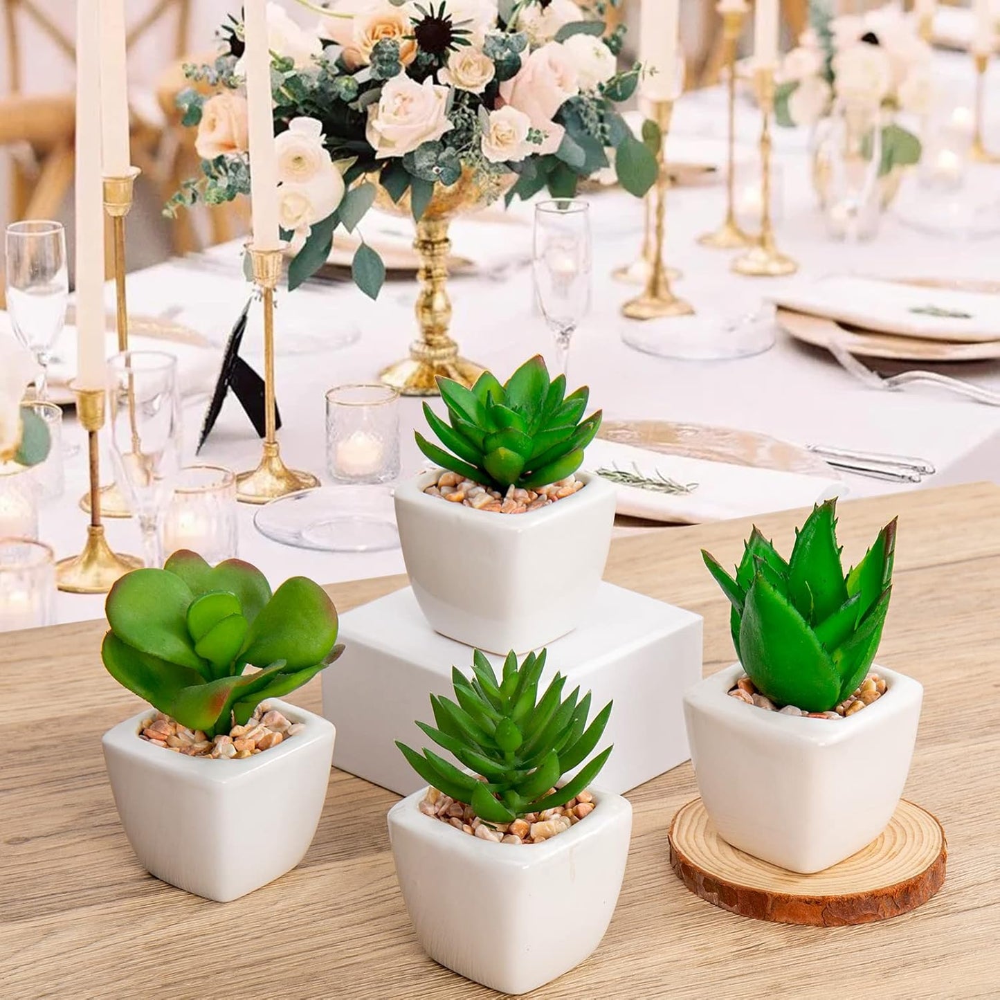 Briful Mini Fake Plants 4 Packs Succuletns Artificial Potted Plants in Cube Glass Vase Faux Succulents for Bathroom Living Room Kitchen Shelf Table Decor