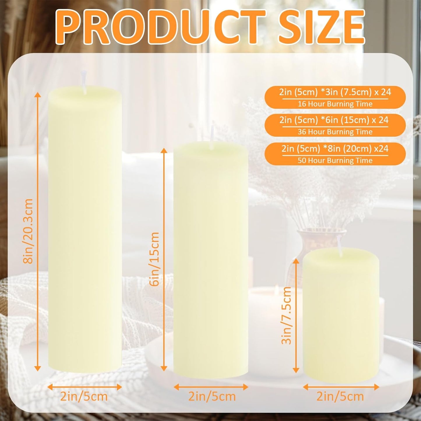 18 Pcs Ivory Pillar Candles Bulk Set，3 Different Lengths 2 x 3/4/6 Inch (6 Each)，Hurricane Candles，Dripless Unscented Smokeless，Gives You a Better Atmosphere When Organizing an Event Party.